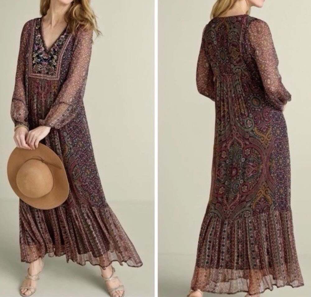 Soft Surroundings Zellige Floral Maxi Dress PS Petite Boho Embroidered Beaded